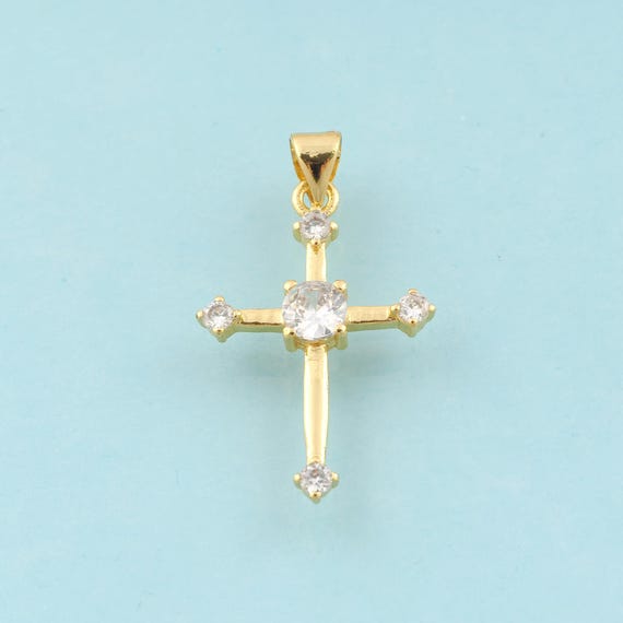 Gold CZ Cross Charms,Religious Jewelry,Christian Pendant for DIY Jewelry Making,18K Gold