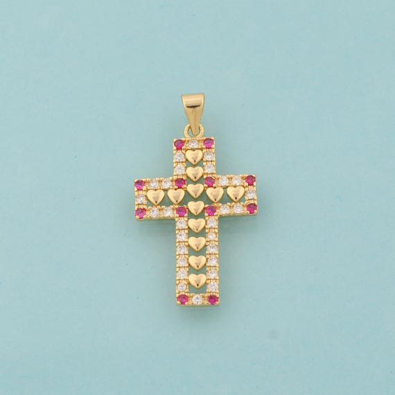 Gold CZ Cross Charms,Heart Jewelry,Christian Pendant for DIY Jewelry Making,18K Gold