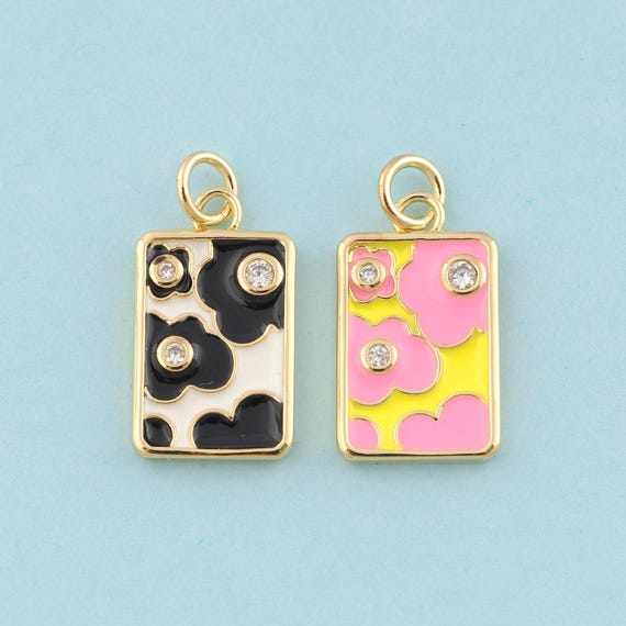 Gold CZ Square Charms,Cartoon Jewelry,Enamel Square Pendant for DIY Jewelry Making,18K Gold
