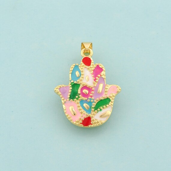 Gold Hamsa Charms,Fatima Jewelry,Enamel Hand Pendant for DIY Jewelry Making,18K Gold