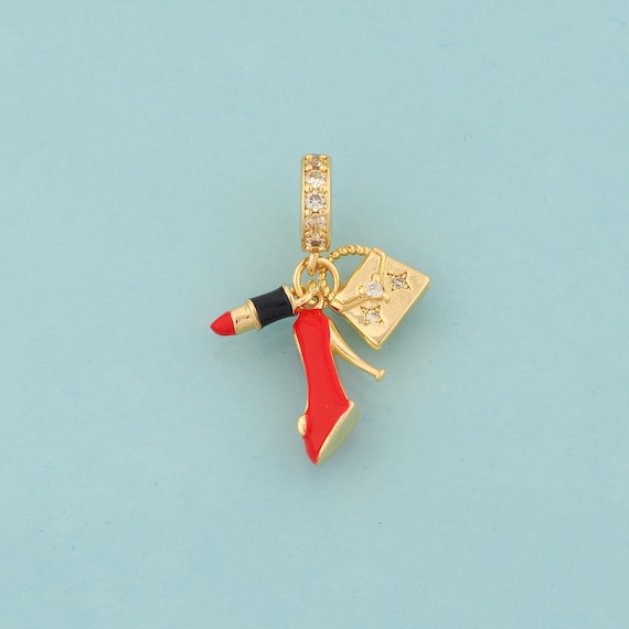 Gold Enamel Lipstick Charms,High Heels Jewelry,CZ Handbag Pendant for DIY Jewelry Making,18K Gold