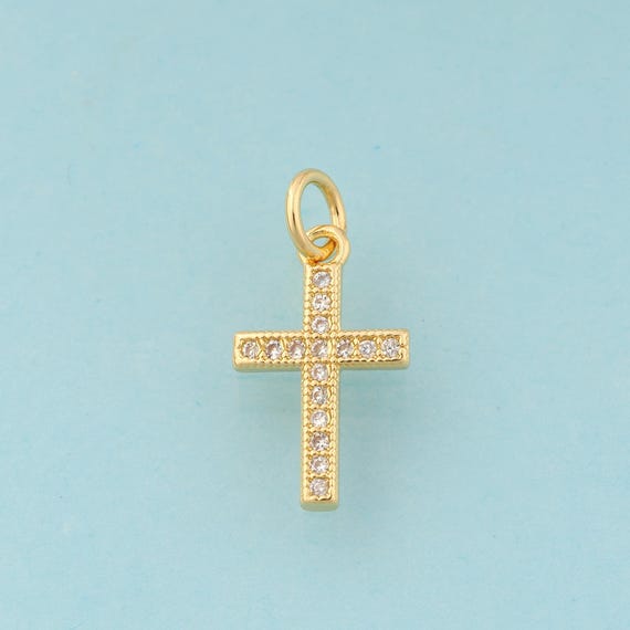 Gold CZ Cross Charms,Religious Jewelry,Christian Pendant for DIY Jewelry Making,18K Gold