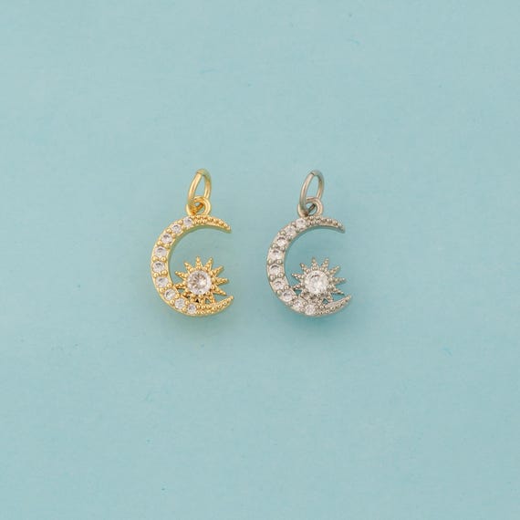 Gold CZ Moon Charms,Celestial Jewelry,Star Pendant for DIY Jewelry Making,18K Gold & Rhodium
