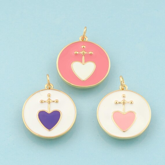 Gold Enamel Heart Charms,Round Jewelry,Holy Heart Pendant for DIY Jewelry Making,18K Gold