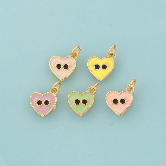 Gold Enamel Heart Charms,Evil Eye Jewelry,Devil Eye Pendant for DIY Jewelry Making,18K Gold