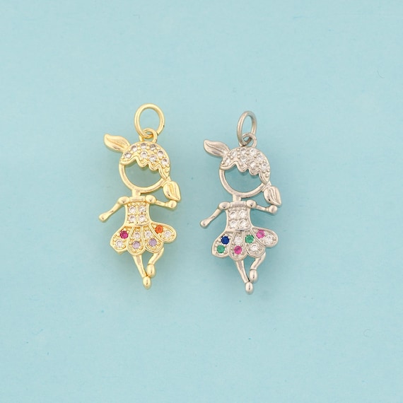Gold CZ Characters Charms,Girl Jewelry,Dancer Pendant for DIY Jewelry Making,18K Gold & Rhodium