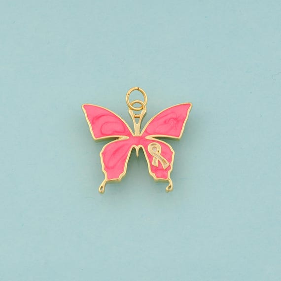 Gold Enamel Breast Cancer Awareness Silk Ribbon Charms,Symbol Jewelry,Butterfly Pendant for DIY Jewelry Making,18K Gold