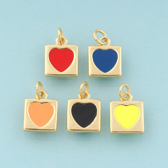 Gold Enamel Heart Charms,Square Jewelry,Heart Pendant for DIY Jewelry Making,18K Gold