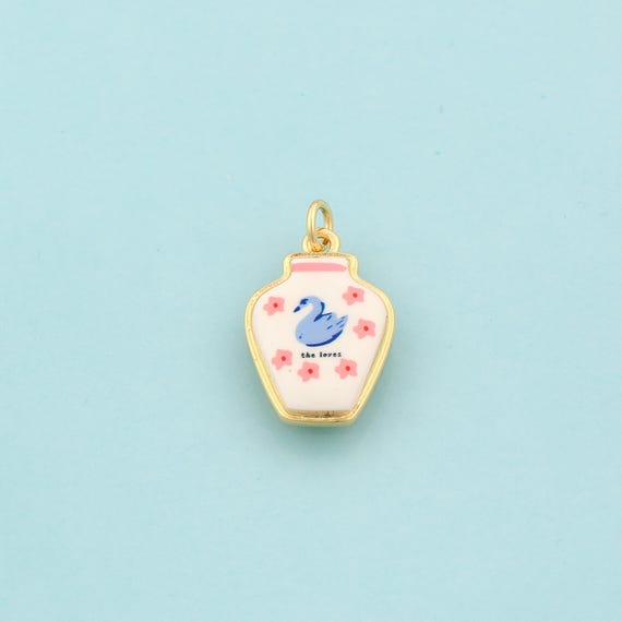 Gold Vase Charms,Swan Jewelry,Enamel Vase Pendant for DIY Jewelry Making,18K Gold