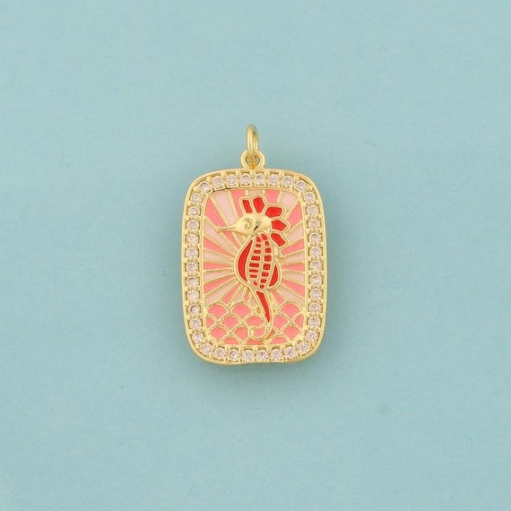 Gold Enamel Seahorse Charms,Seahorse Jewelry,CZ Seahorse Pendant for DIY Jewelry Making,18K Gold