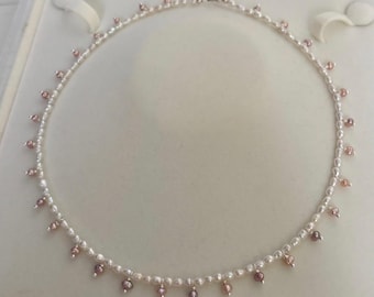 Freshwater Pearl Drop Necklace | Dainty Pink & White Pearl Choker | Handmade Bridal Jewelry | Minimalist Gift for Her