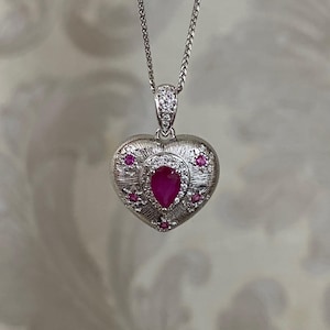 Ruby Heart Pendant Necklace – Sterling Silver July Birthstone Jewelry, Romantic Gift for Her, Textured Silver Heart with Red Gemstone