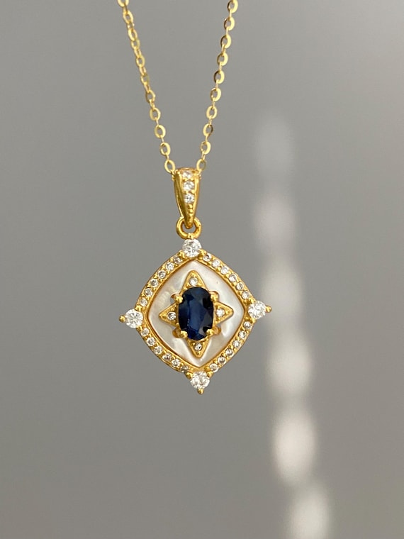 Natural Sapphire Necklace • 925 Gold Vermeil Pendant • Mother of Pearl Inlay • Dainty Blue Gemstone Jewelry • Gift for Her