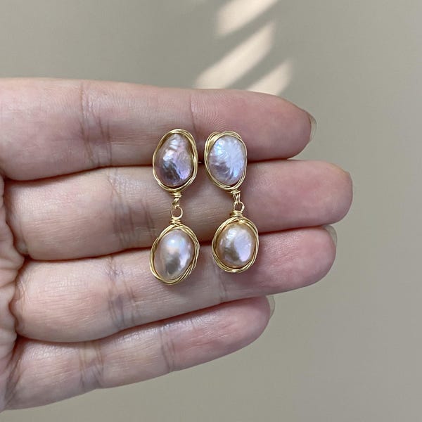 Baroque Pearl Drop Earrings, Freshwater Pearl Earrings, Gold Wire Wrapped Pearl Earrings, Minimal Pearl Jewelry, Gift for Her