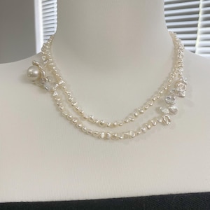 Convertible Freshwater Pearl Lariat Necklace – Handmade Double Layer Wrap Choker with Baroque Pearl Cluster – Bridal Minimalist Jewelry