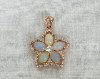 Opal Flower Necklace – Natural October Birthstone Pendant – Rose Gold Floral Jewelry – Dainty Gift for Her – Handmade Jewelry
