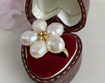 Baroque Pearl Spring Flower Ring – Natural Freshwater Petal Pearl Adjustable Statement Ring, Floral Ring Unique Jewelry Gift for Her
