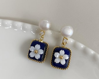 Vintage Lapis Lazuli Pearl Earrings - Gold Plated Floral Drop Earrings - Handmade Enamel Flower Jewelry - Retro Blue Gemstone Earrings