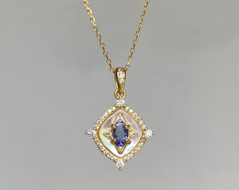 Tanzanite Pendant Necklace - Vintage Inspired Dainty December Birthstone Jewelry - Zircon Halo Charm - Elegant Gift for Her