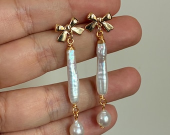 Handmade Baroque Pearl Drop Earrings, Silver Wire Wrapped Long Dangle Earrings, Natural Freshwater Pearl Jewelry for Women