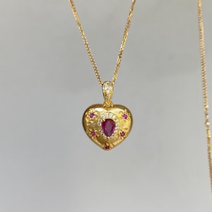 Vintage inspired Ruby Gemstone Heart Necklace Gold Plated July Birthstone Necklace Sterling Silver Jewellery Gift for her