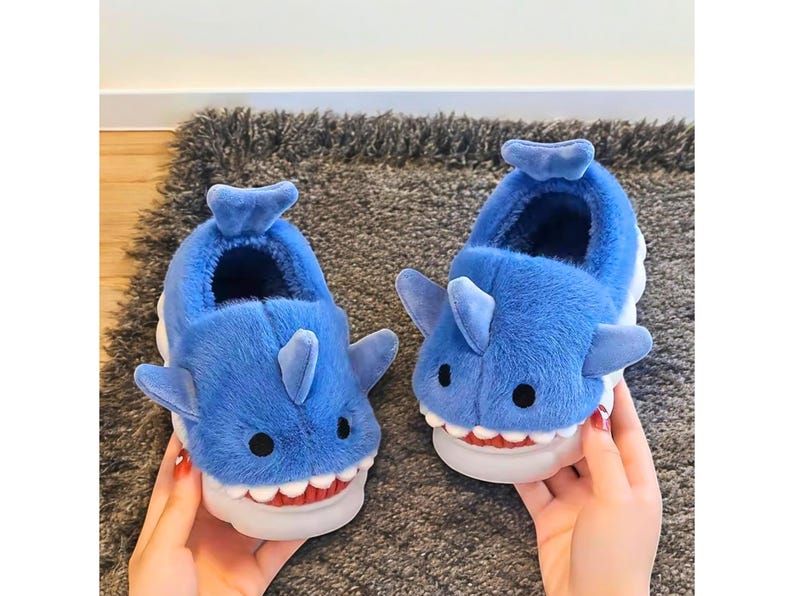 Seemehappy Little Blue Shark Plush Slippers - Warm Anti-Skid House Shoes For Women, One Size Fits 6-10