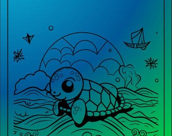 May include: A black and white line drawing of a turtle swimming in the ocean. The turtle has big eyes and a shell with a pattern. The ocean is depicted with waves and seaweed. The text "KLEURBOEK VOL DIEREN" is at the top of the image.