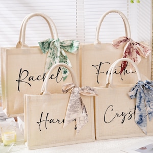 Beach tote bag,Bachelorette Party Bag,Personalized Bridesmaid Gift Bag with scarf, Custom Burlap gift Bag,Bridesmaid Proposal Gift,Beach Bag