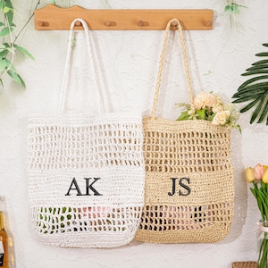Embroidery Beach straw bag,Personalized Beach Tote Bag,Initials handle bag,Girls travel tote bag,Raffia beach bagBachelorette party gift bag