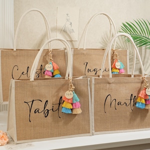 Personalized Bridesmaid Gift Bag with charm,Beach tote bag,Bachelorette Party Bag, Custom Burlap gift Bag,Bridesmaid Proposal Gift,Beach Bag