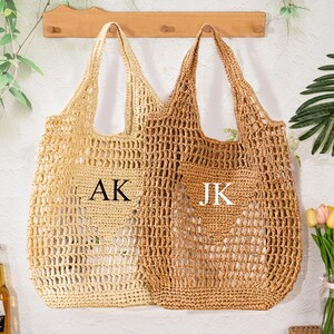 Borsa da spiaggia in paglia personalizzata, borsa da spiaggia personalizzata, borsa con manico con iniziali, borsa da viaggio per ragazze, borsa da spiaggia in rafia, borsa regalo per addio al nubilato