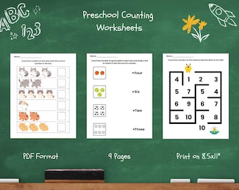 May include: Three printable worksheets for preschoolers to practice counting. The first worksheet features cats, the second features sports balls, and the third is a number maze with a bee.