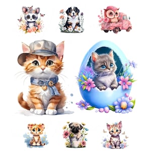 かわいい動物 PNG、春の動物デジタルクリップアート、水彩動物デザイン、子犬、子猫、フクロウ、イースターテーマ、デジタルダウンロード、8 PNG バンドル