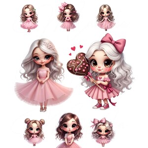 Cute Girl PNG, Pink Dress Girls Clipart, Kawaii Character Design, Big Eye Dolls Png, Pink Princess Clipart, Download digital, 8 PNG Bundle