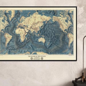 Carte du monde du fond des océans 1976, vintage des années 70, affiche impression graphique bathymétrique naval US U.S Navy qualité premium