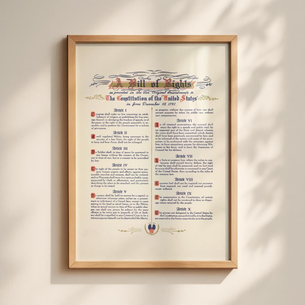 A Bill of Rights 1791 Vintage Poster Print US Constitution 10 ...