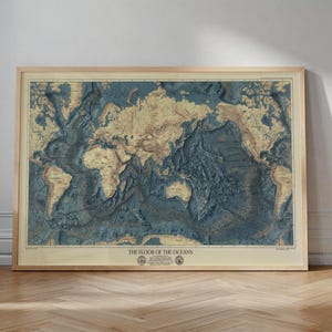 World Map of The Floor of the Oceans 1976 Vintage 70s Poster Print Chart Geographical Bathymetric Naval US U.S Navy Premium Quality