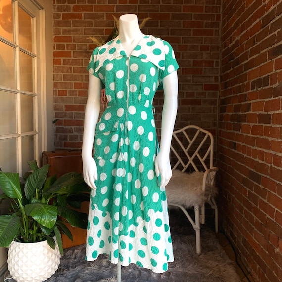 1940s Green and White Polka Dot Dress