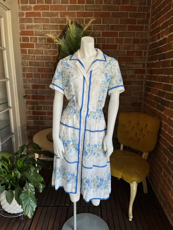 1950s Sheer Blue Roses Dress