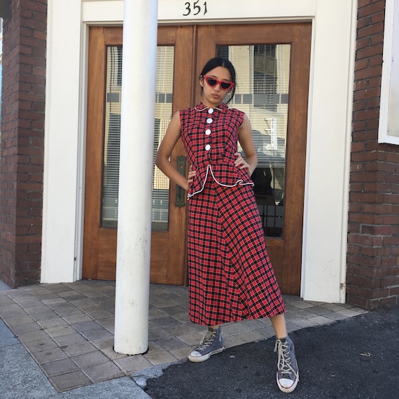 1940's Red Plaid Peplum Dress - image 1