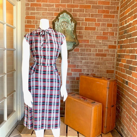 1930s Rayon Red Plaid Dress