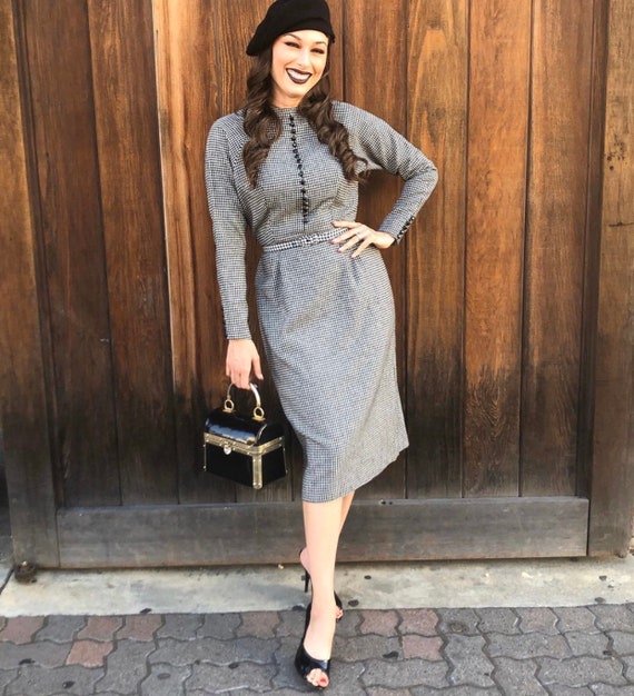 1950s Vintage Dolman Sleeve Herringbone Dress w/ M