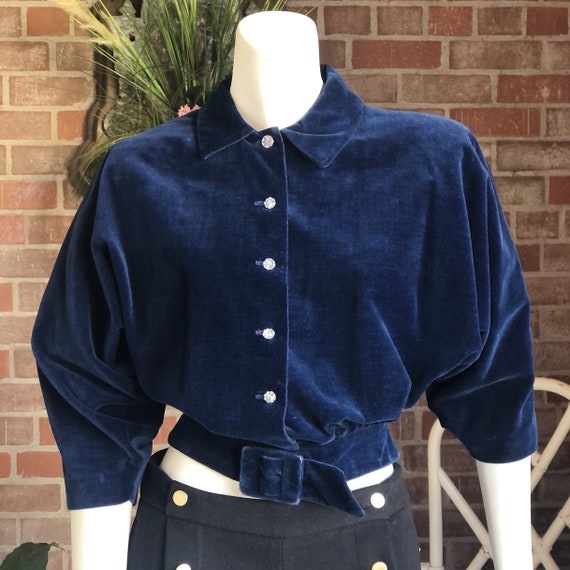 1940s 1950s Blue Velvet Cropped Cinch Waist Jacket