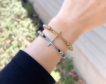 Stainless Steel Cross and faceted bead Bracelet