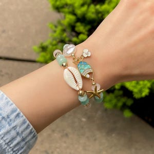 Handmade Ocean-Inspired Beaded Bracelets-Cowrie Shell, Fish charm