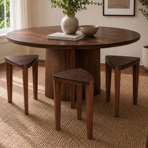 May include: A round dark brown wooden dining table with a thick cylindrical pedestal base, accompanied by three matching triangular stools with three legs each. A light-colored ceramic vase with greenery and a book titled Kinfolk sit on top.