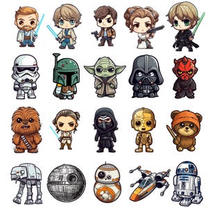 Paquete PNG de todos los personajes de Star Wars: Maestro Yoda, Darth Vader, Mandolar, Boba Fett, Baby Yoda BB-8