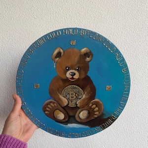 Crypto Teddy - Dinero nuevo, Bitcoin, Pintura acrílica original sobre lienzo redondo de 30 cm, firmada por Ana HJ27