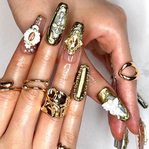 Golden Religious Press On Nail XL/Handmade Gel Nails In Long Coffin/Glue On Nails/Summer Nails/Birthday Holiday Prom Faux Nails/Gift for Her