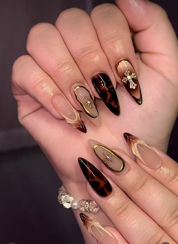 Luxury Tortoise XXL Press on Nails /3D Cross&star Accents Handmade